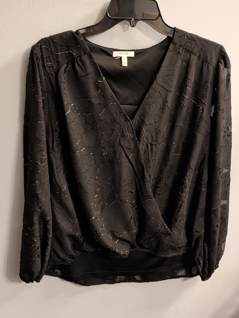 🍉Maurices Black Wrap Blouse with Subtle Gold Threading
